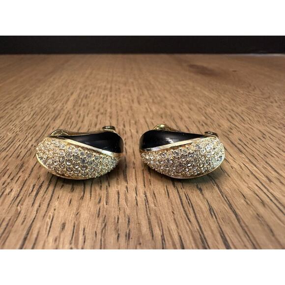 Vintage Christian Dior Gold Rhinestone Black Enamel Clip-On Earrings Signed - Picture 1 of 7